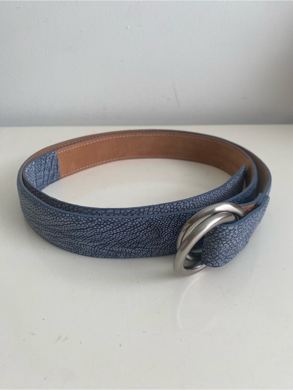 Peter Millar Ostrich Leg Textured Blue Leather Belt with O Ring Size 40